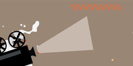 "Abstract representation of a film projector with streaming film, blending with colorful geometric shapes on a textured orange backdrop."のイラスト素材