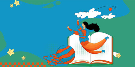 A vibrant illustration depicting a character leaping off a page of an open book, against a whimsical backdrop with elements like stars, a playful ball, and a surreal sky with cloudのイラスト素材