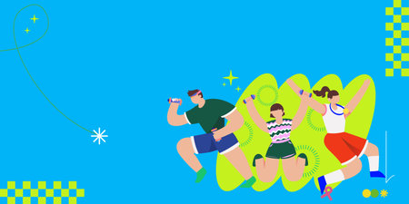 "A vibrant illustration showing people engaged in summer activities: a man with binoculars, children playing with a kite, and a woman dancing, all against a bright blue backgroundのイラスト素材