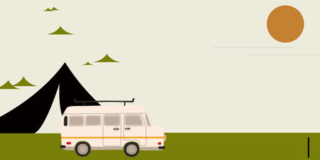 A minimalist design featuring a vintage van parked beside a tent, with stylized green hills in the background and a large setting sun in a pastel sky.のイラスト素材