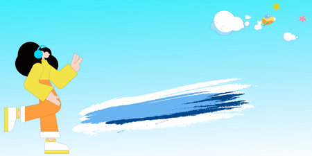 The image portrays a stylized character with oversized sunglasses gazing towards a swoosh of blue paint, against a background of playful clouds, a paper plane, and colorful stars iのイラスト素材