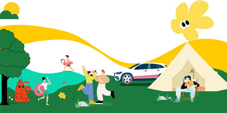 This cheerful image features a variety of characters engaging in outdoor activities such as running, relaxing, and socializing, with playful elements like a whimsical cloud, tent,のイラスト素材