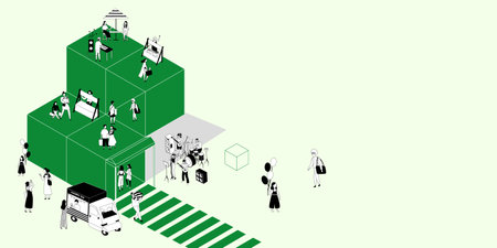 An isometric illustration depicting various activities of urban life on a series of green modular blocks, with people engaging in music, conversation, and leisure, creating a vibraのイラスト素材