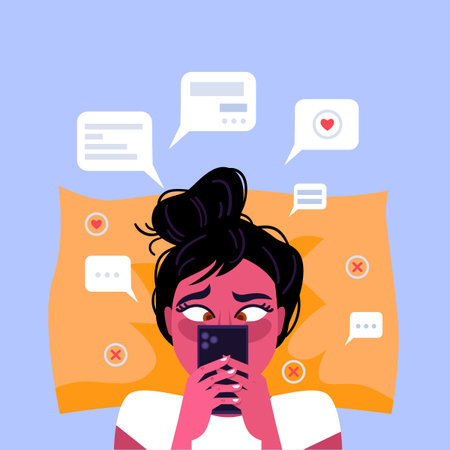 A woman looks overwhelmed as she reads her smartphone in bed. Above her float various chat bubbles, some with hearts and others with cancel marks.のイラスト素材