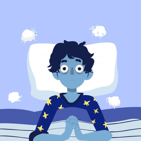 A man in star-patterned pajamas sits up in bed, eyes wide open with insomnia. Cartoon sheep are leaping around him, symbolizing sleep attempts.のイラスト素材