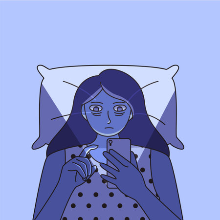 A woman lies in bed under the covers, bathed in the blue light from her phone, reflecting the common habit of late-night screen use.のイラスト素材