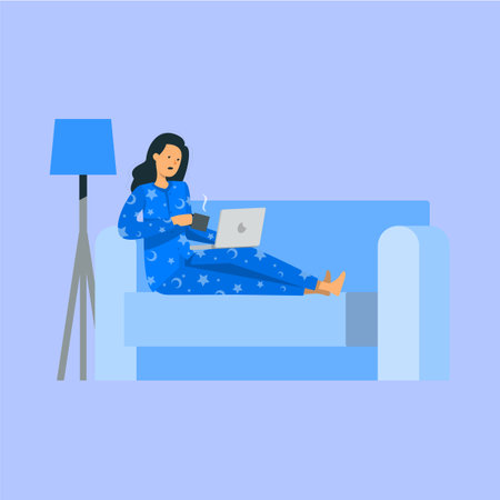 A woman in star-patterned pajamas works on a laptop on a blue couch. A lamp is on beside her, indicating work after hours in a cozy setting.のイラスト素材