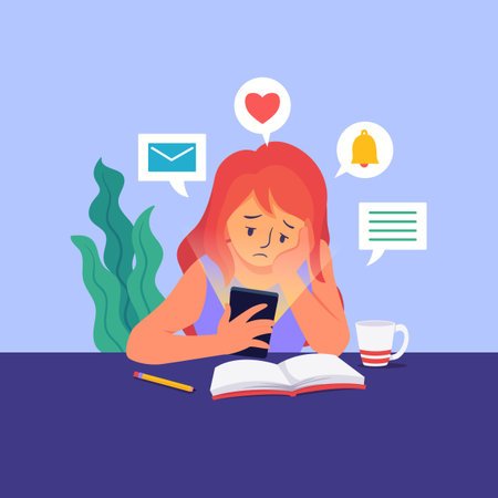 A woman with red hair appears distracted from her book by her smartphone, with thought bubbles showing a love heart, email, and chat notifications.のイラスト素材