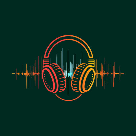 A neon-colored representation of over-ear headphones with dynamic audio frequency waves in the foreground, against a black background.のイラスト素材