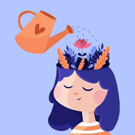 An endearing image of a young woman with a watering can pouring water over her head, which is blooming with flowers, symbolizing personal growth and self-care.のイラスト素材