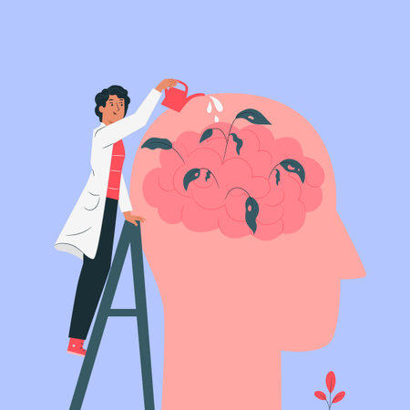 An illustration depicting a person watering a brain, which is represented as a pink plant with birds, signifying the nurturing of mental health.のイラスト素材