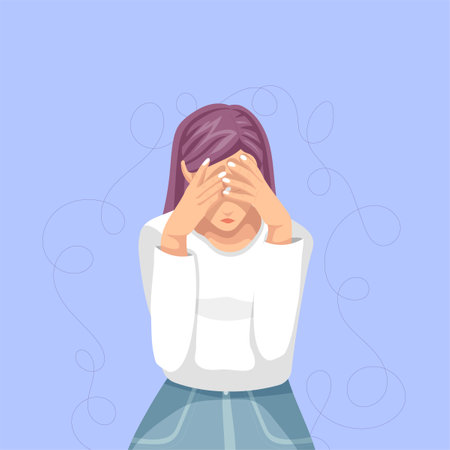 Illustration of a young woman suffering from headache. Vector illustration in cartoon style.のイラスト素材
