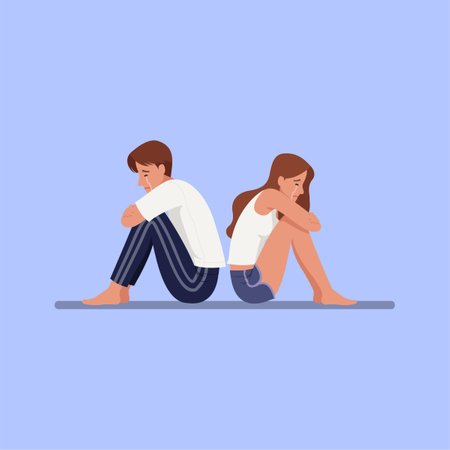 Man and woman sitting on the floor. Vector illustration in flat styleのイラスト素材