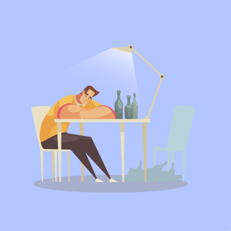 Drunk man sleeping at the table. Vector illustration in flat styleのイラスト素材