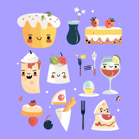 Set of cute food kawaii characters. Vector illustration in cartoon style.のイラスト素材