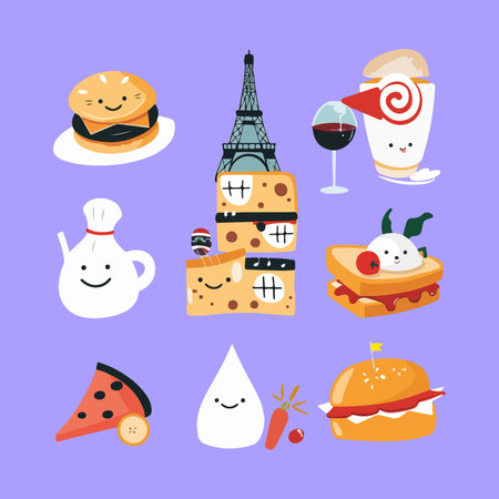 Set of cute and funny food and drink icons. Vector illustration.のイラスト素材