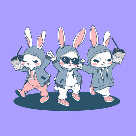 Cute little bunnies in winter clothes. Vector illustration.のイラスト素材