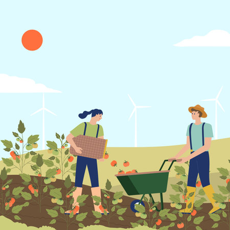 Vector illustration of a young couple working in the field, harvesting vegetables.のイラスト素材