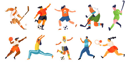 Set of different people playing soccer, football, hockey, baseball, tennis, rugby, badminton. Isolated vector illustration on white background.のイラスト素材