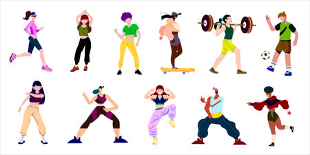 Set of young people doing fitness exercises. Flat style vector illustration.