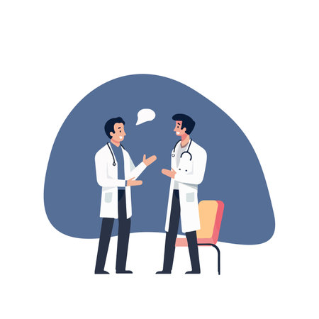 Male doctor talking to male patient. Vector illustration in flat style.のイラスト素材