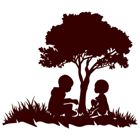 This infectious illustration depicts the silhouettes of two children joyfully chasing each other around a large tree, with lively and unrestrained movements.のイラスト素材