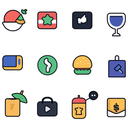 These vibrant icons in a playful and stylized form showcase various foods and beverages.のイラスト素材