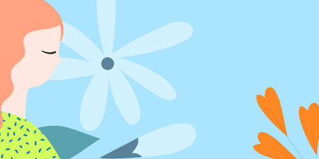 This minimalist digital artwork features a serene profile of a woman set against a backdrop of large, stylized floral elements.のイラスト素材