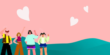 friends from different backgrounds celebrating in a stylized landscape.This vibrant digital illustration showcases a group of friends from different backgrounds celebrating in a stylized landscape.のイラスト素材