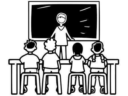 This simple black and white illustration captures a classic classroom setting with a teacher standing in front of a chalkboard and four students attentively seated, emphasizing the educational environment.のイラスト素材