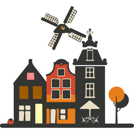 This graphic illustration portrays a charming European town scene, featuring traditional houses in muted tones and an iconic windmill, creating a quaint and nostalgic atmosphere.のイラスト素材
