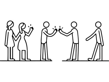 This minimalist black and white illustration captures the joyful essence of four children playfully holding hands and dancing in a line, conveying a sense of innocence and happiness.のイラスト素材