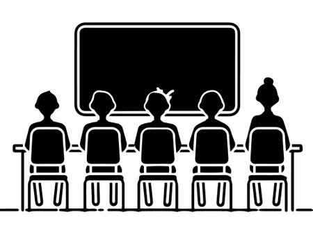 This simple black and white illustration captures a classic classroom setting with a teacher standing in front of a chalkboard and four students attentively seated, emphasizing the educational environment.のイラスト素材