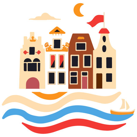 This colorful and stylized illustration depicts a whimsical cityscape by the sea, featuring abstract buildings and vibrant, flowing waves, complete with a small boat sailing under a crescent moon.のイラスト素材