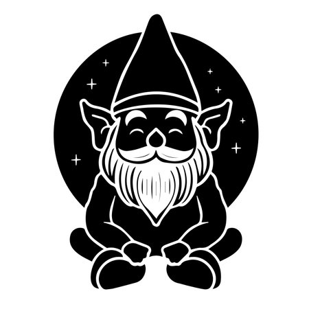 This striking black and white illustration depicts a figure sitting in front of a dark circular background filled with stars, creating a magical and captivating visual effect.のイラスト素材