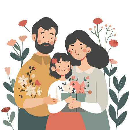 This heartwarming illustration depicts a mother receiving gifts from two joyful children, set against a backdrop of lush flowers and foliage elements.のイラスト素材