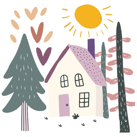 This charming illustration depicts a tranquil cottage nestled among tall and stylized trees, bathed in warm orange sunlight.のイラスト素材