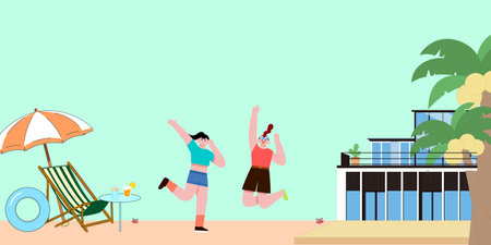 A vibrant cartoon illustration of two friends jumping with joy at a beachside setting.