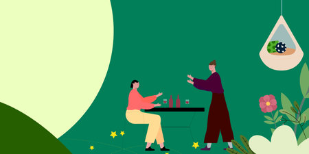 A cozy cartoon illustration of two friends enjoying an evening chat.のイラスト素材