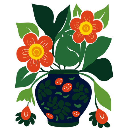 This vibrant illustration features a lush strawberry plant growing in a decorative pink pot.のイラスト素材