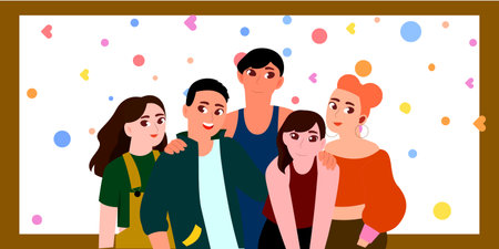 An illustration of a group of five friends standing close together, smiling and posing for a picture.のイラスト素材