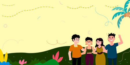 An illustration of four friends standing together in a lush, green outdoor setting.のイラスト素材