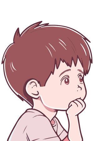 The child rests his chin on his hand, slightly lifts his head, eyes wide open with curiosity.のイラスト素材