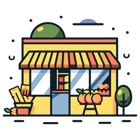 This illustration portrays a charming local grocery store with a welcoming atmosphere.のイラスト素材