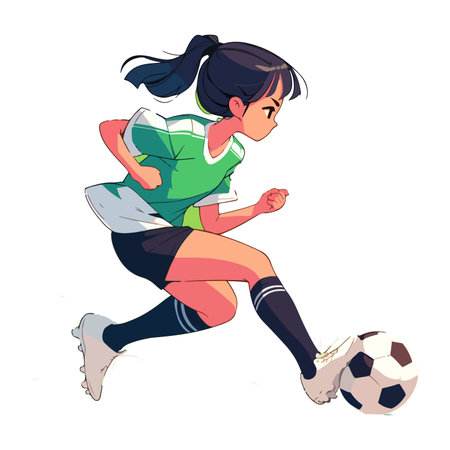This vibrant illustration captures a young soccer player in motion, about to kick a soccer ball.のイラスト素材