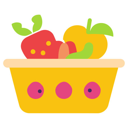 This illustration features a basket filled with a variety of fresh vegetables, including tomatoes, broccoli, celery, and cucumbers.のイラスト素材