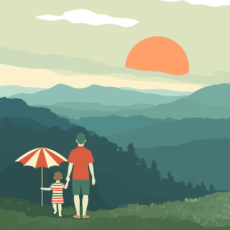 This serene illustration depicts a father and child standing hand in hand, watching a beautiful sunset over a range of green hills.のイラスト素材