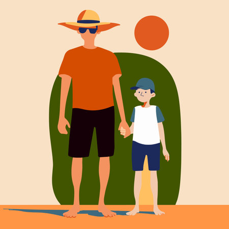 This serene illustration depicts a father and child standing hand in hand, watching a beautiful sunset over a range of green hills.のイラスト素材