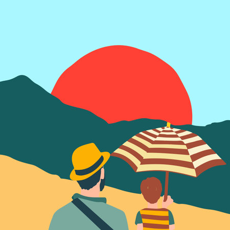 This serene illustration depicts a father and child standing hand in hand, watching a beautiful sunset over a range of green hills.のイラスト素材