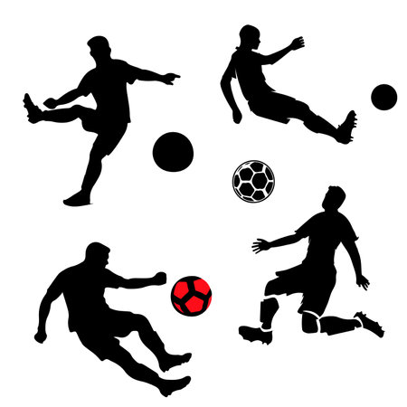 This illustration features four silhouettes of soccer players in various dynamic poses, each interacting with a soccer ball.のイラスト素材